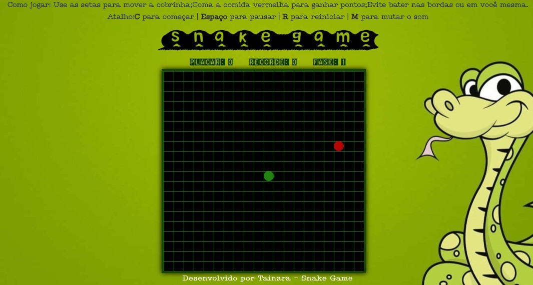 Captura de tela do jogo Snake Game, mostrando a interface do jogo com um tabuleiro ao fundo e a cobra indo atrás de alimento.